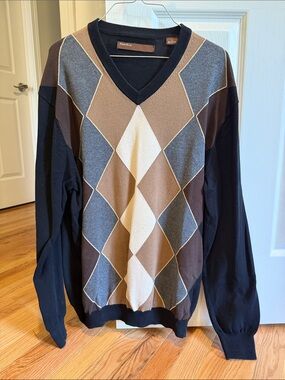 Perry Ellis Black, Brown, Gray and Cream Argyle V-Neck Sweater